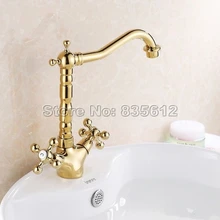 Роскошный золотой цвет латунь ванная комната двойные ручки смеситель кран с поворотным изливом бортике одно отверстие Wsf096