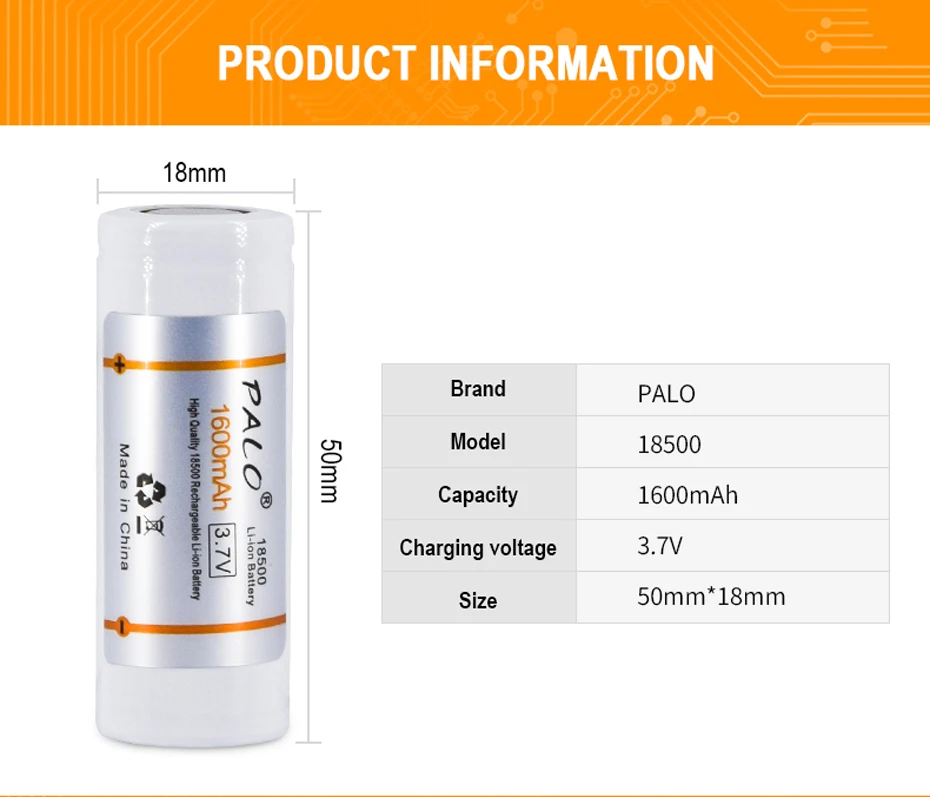 PALO 18500 батарея 3,7 V 1600mAh перезаряжаемая батарея 18500 Bateria recarregavel литий-ионная батарея с зарядным устройством