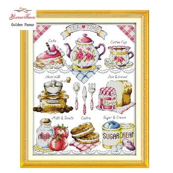 

Golden Panno,Needlework,DIY DMC Cross stitch,Sets For Embroidery kit afternoon tea time home decoration Counted Cross-Stitching