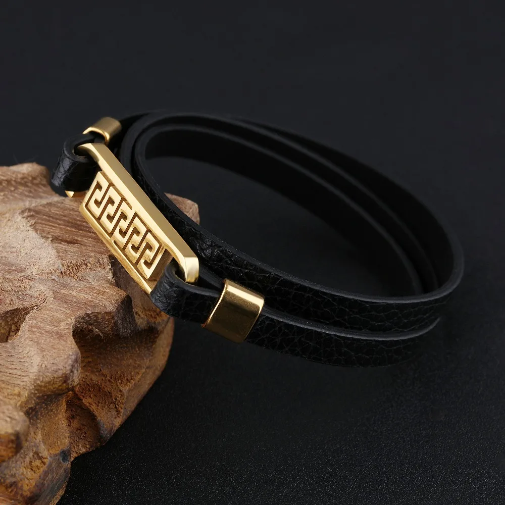 Black Genuine Leather Bracelet Wristband Men's Gold Stainless Steel