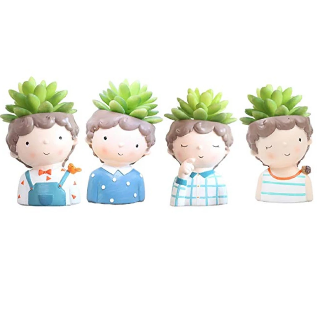 4PCS/SET Cute Boy Flower Resin Succulent Cactus Pot Table Tabletop Decor