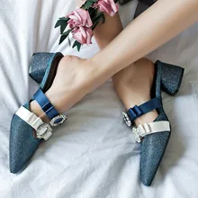 Sexy Pointed Toe Women Mules Shoes Blue Sequined 5cm Square High Heels Crystal Prom Party Shoes Butterfly knots Summer Sandals