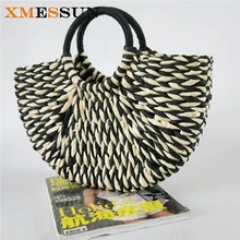 Для женщин круглое ведро полукруг соломенная сумка Сеть ручной работы цвет плетеная корзина сумочка из ротанга E53