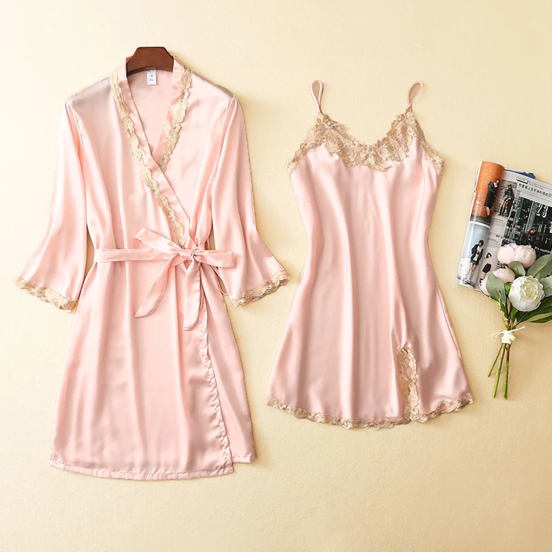 

Women 2PCS Sleepwear Lace Wedding Bride Nighty&Robe Set Satin Sexy Twinset Robe Suit Solid Applique Negligee V-Neck Nightgown