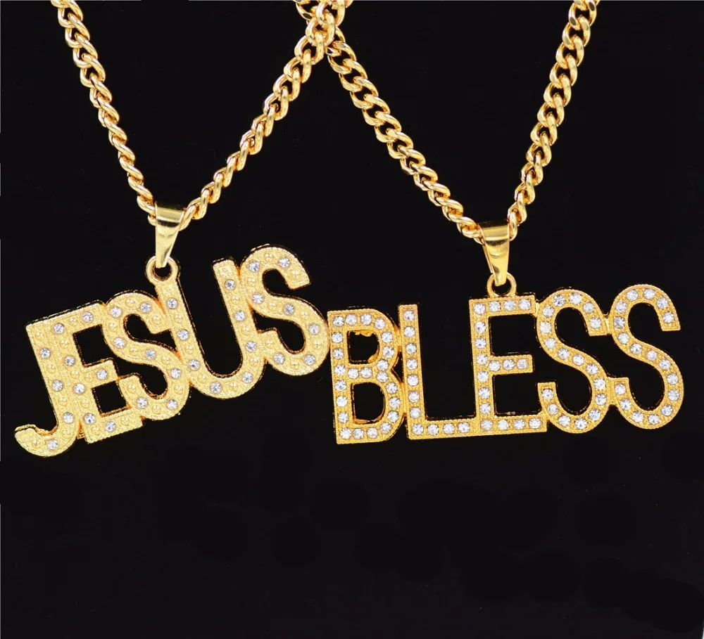 Uodesign, хип-хоп, со льдом, блестящие стразы, с надписью «JESUS& BLESS Man», подвески, ожерелье, золотого цвета, ожерелье для мужчин, ювелирные изделия