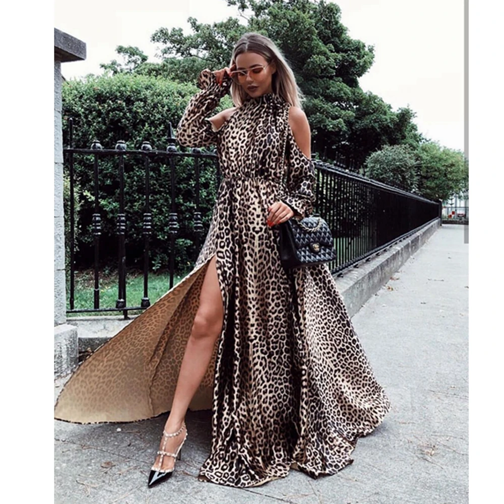 Женское леопардовое платье макси Элегантное длинное вечернее с открытыми