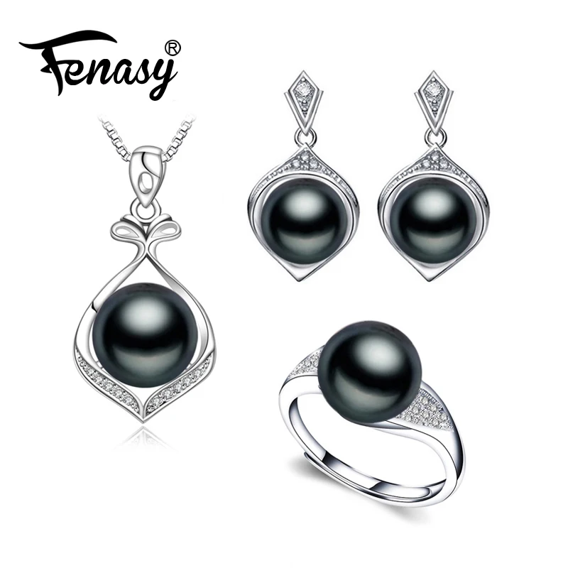 

FENASY Trendy Pearl Jewelry Wedding Engagement Jewelry Sets Natural Pearl Pendant Necklace For women party Earrings Silver Ring