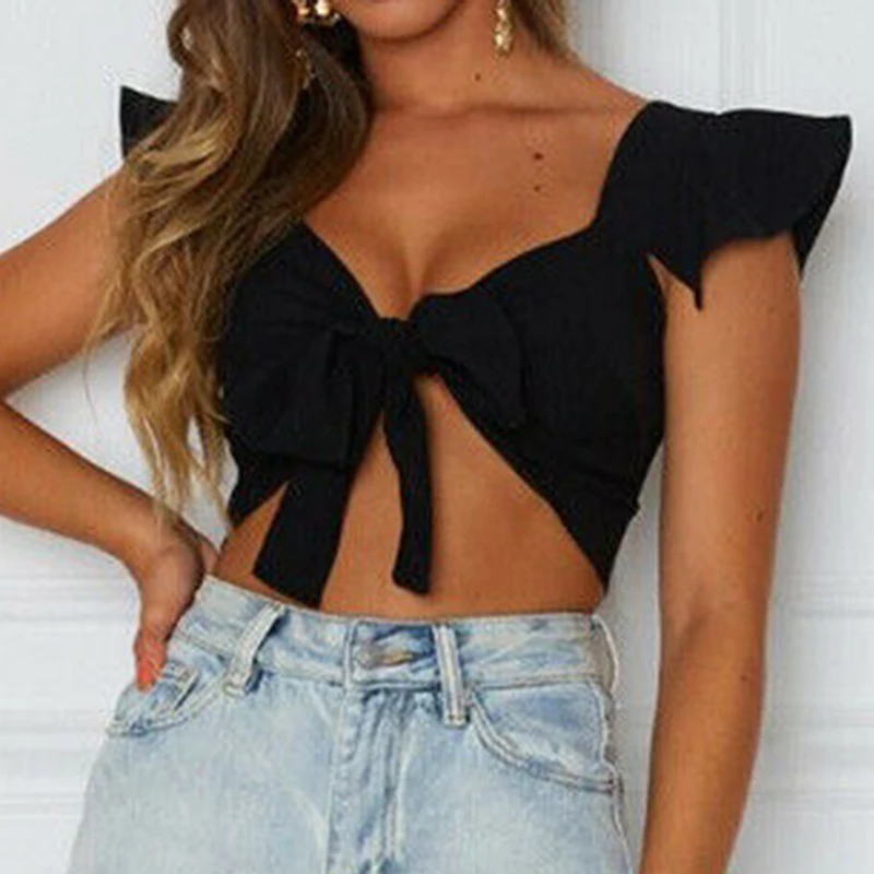 Hot Sale Summer Womens Short Sleeve Solid Shirt Front Knot Tie Ladies Casual Holiday Street V Neck Top S-2XL Four Color 2019