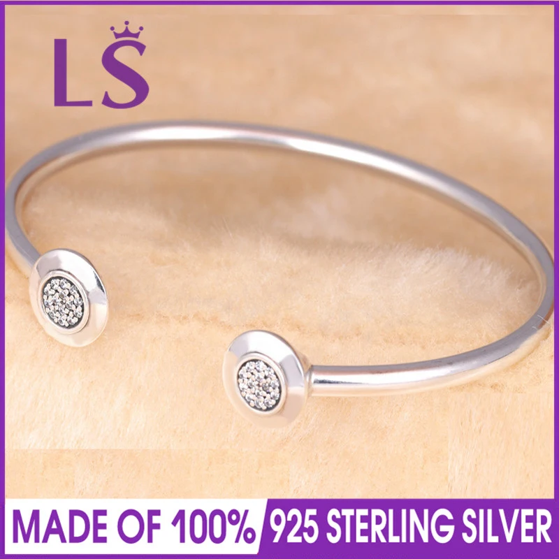 

LS High Quality Real 925 Sterling Silver Bangle Pan Signature With Crystal Open Bracelet Bangle Fit Women Bead Charm DIY Jewelry