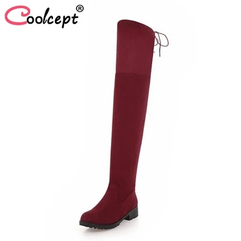 

Coolcept Size 34-43 Women Flats Boots Thigh High Winter Warm Fur Shoes Woman Lace Up Long Boots New Fashion Ladies Footwear