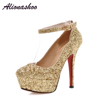 

Alionashoo Fashion Buckle Crystals Bling Pumps Women Elegant Thin High Heels Round Toe Party Wedding Shoes Woman Gold Silver