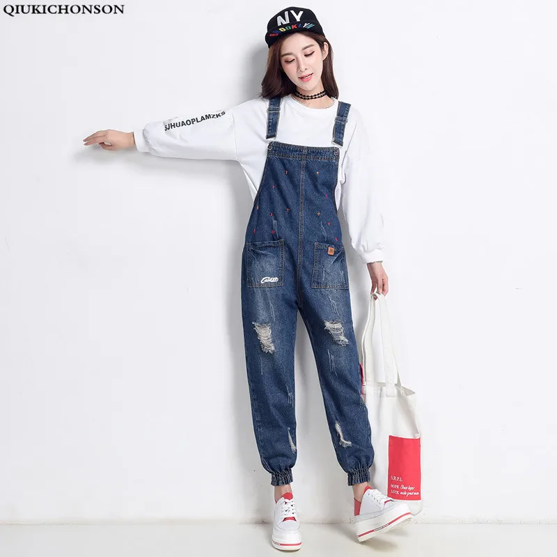 

Qiukichonson ripped high waist jeans woman 2018 vintage korean embroidery overalls front pockets design ankle banded pants