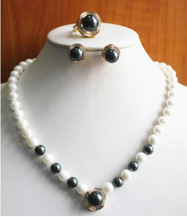 Горячее надувательство Новый Дизайн Белый И Черный Жемчуг Колье Серьги Кольцо (7/8/9 Комплект Ювелирных Изделий Горячее надувательство Новый Дизайн Белый И Черный Жемчуг Колье Серьги Кольцо (7/8/9 Комплект Ювелирных Изделий