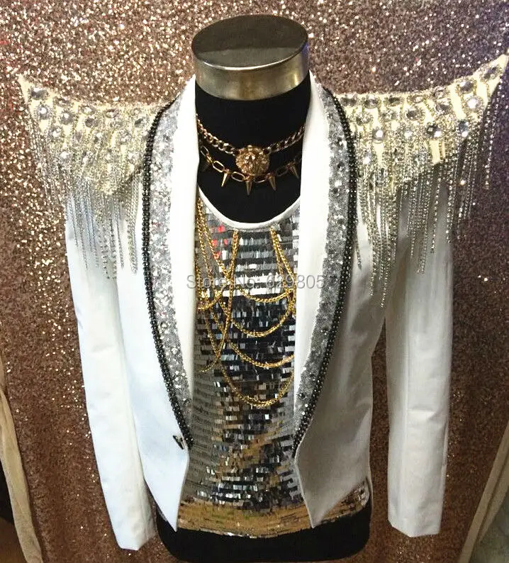 

Plus Size Customized Crystals Epaulet Chains Tassel Jacket Men's Blazer Stones Beads Male Singer Bar Costume Nightclub Outfit