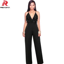 Sexy Sequins Jumpsuit Women Summer Black Spaghetti Strap V Neck Bandage Backless Rompers Womens Jumpsuit Club Overalls 2017 N