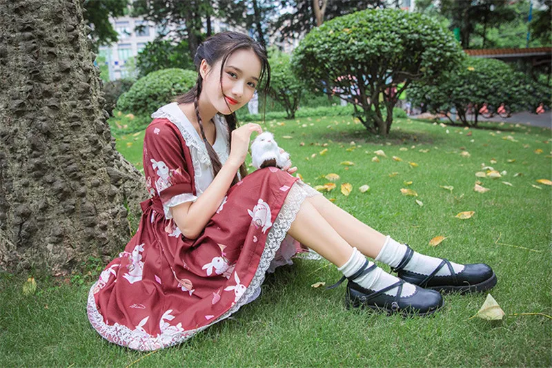 Женские милые платья летние новые японские девушки Kawaii Лолита платье кролик мягкие ретро платье милые Косплей Платья