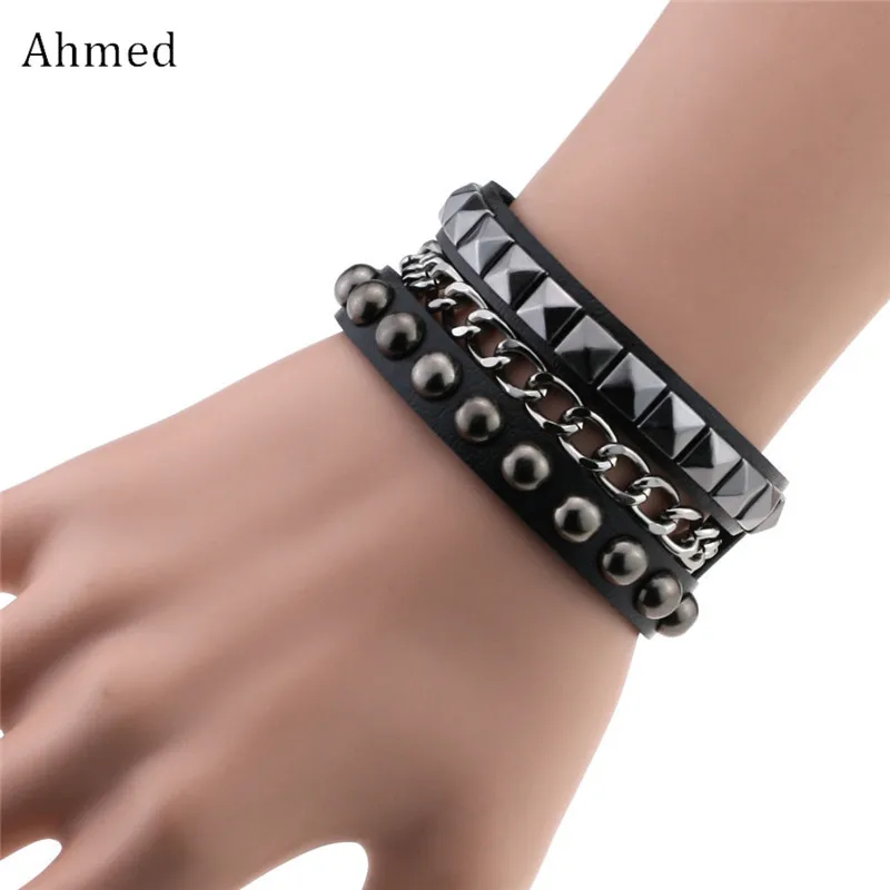 Ahmed Fashion Jewelry Punk Rivets Chain Multi layer Leather Bracelet