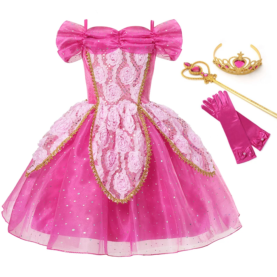 

YOFEEL Fancy Princess Aurora Dress for Girl Kids Cosplay Sleeping Bueauty Costume Floral Ruffles Rose Gown Child Party Dress up