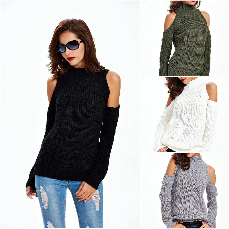 2017 autumn and winter new hole semi high collar sweater sexy strapless ...