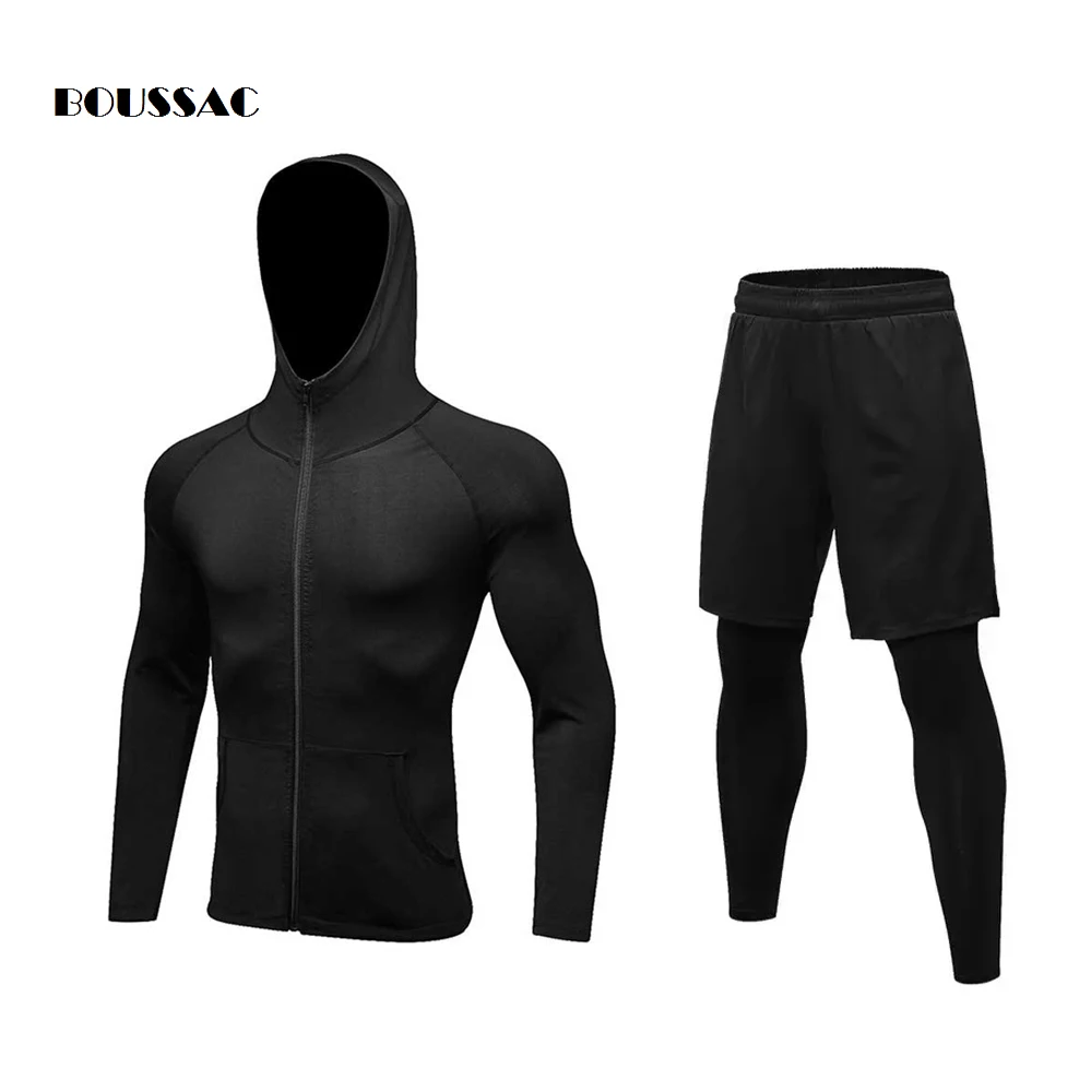 Mens Gyms Sportswear Suit Tight Workout Elasticity Hoodies+Shorts Quick Dry Tight Trainings Fitness SportSuit 2Piece