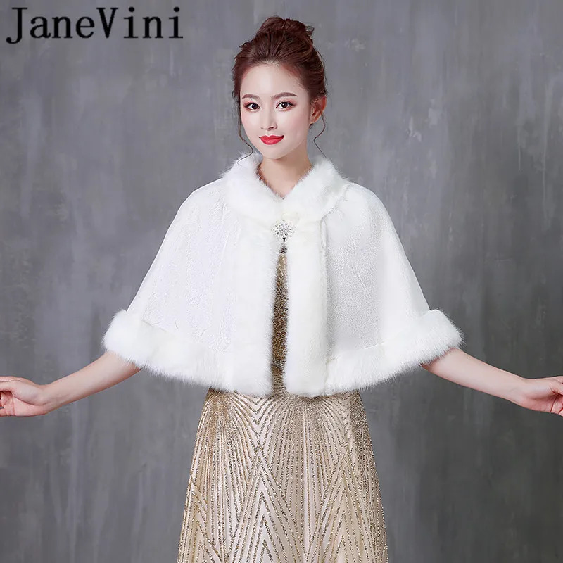 JaneVini, белое свадебное болеро с капюшоном, меховая накидка с шапкой, зимняя теплая Свадебная накидка из искусственного меха, шаль, болеро, Женское пальто, куртка