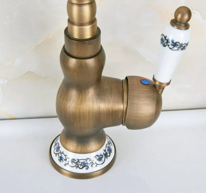 Vintage Retro Antique Brass Ceramic Base Kitchen Wet Bar Bathroom Vessel Sink Faucet Single Hole Swivel Spout Mixer Tap anf610