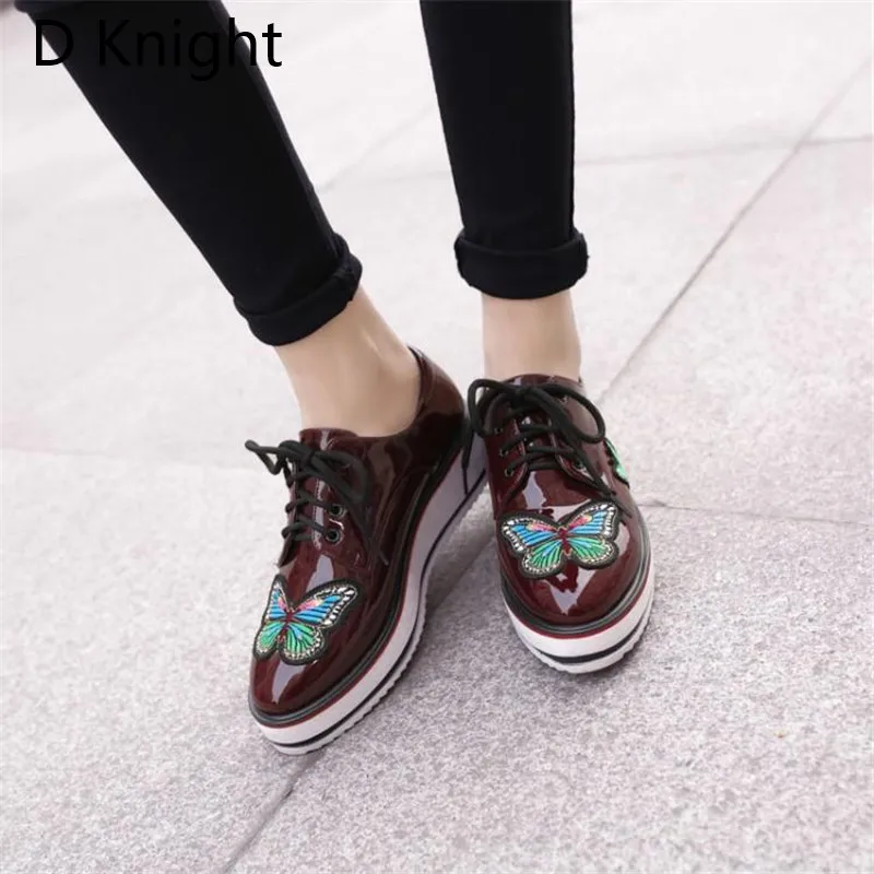 Plus Size 34-43 Women Oxford Brogue Shoes Patent Leather Wedge Heels Platform Shoes Woman Lace-up Oxford Shoes For Women Creeper (13)