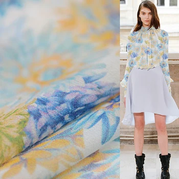 

Silk georgette gauze silk fabric light blue and light yellow floral print 12momme 45" width by yard,SCG289