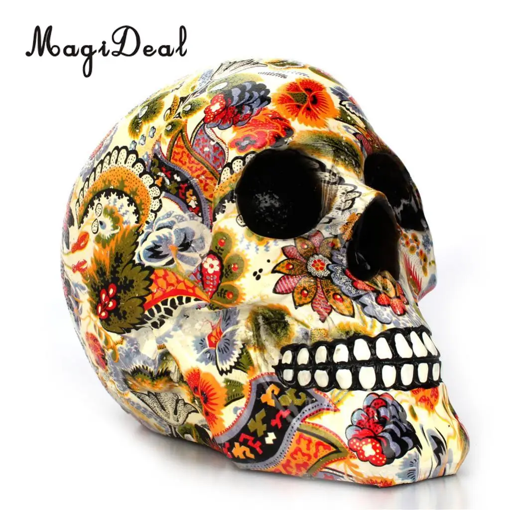 Resin Skull Model Ornament Home Decoration Flower Pattern Water Transfer Printing Souvenir for Halloween and Christmas