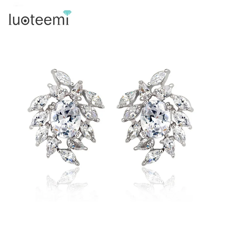 LUOTEEMI Luxury Excellent Cut Sparkling Clear Cubic Zirconia CZ Crystal Stud Earrings Quality Bridal Wedding Dress | Украшения и