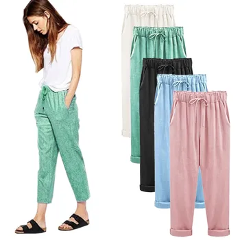 

M-6XL Plus Size Women Pants Linen Cotton Casual Harem Pants Candy Color Harajuku Green Trousers Female Ankle-length Length Pants