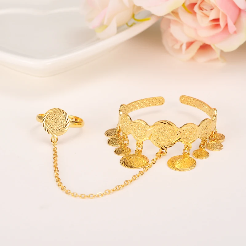 

Dubai Gold Stamp baby coin Bangle Child Bracelet With Ring for Kids african Children Bairn Jewelry Baby mideast Arab Gift