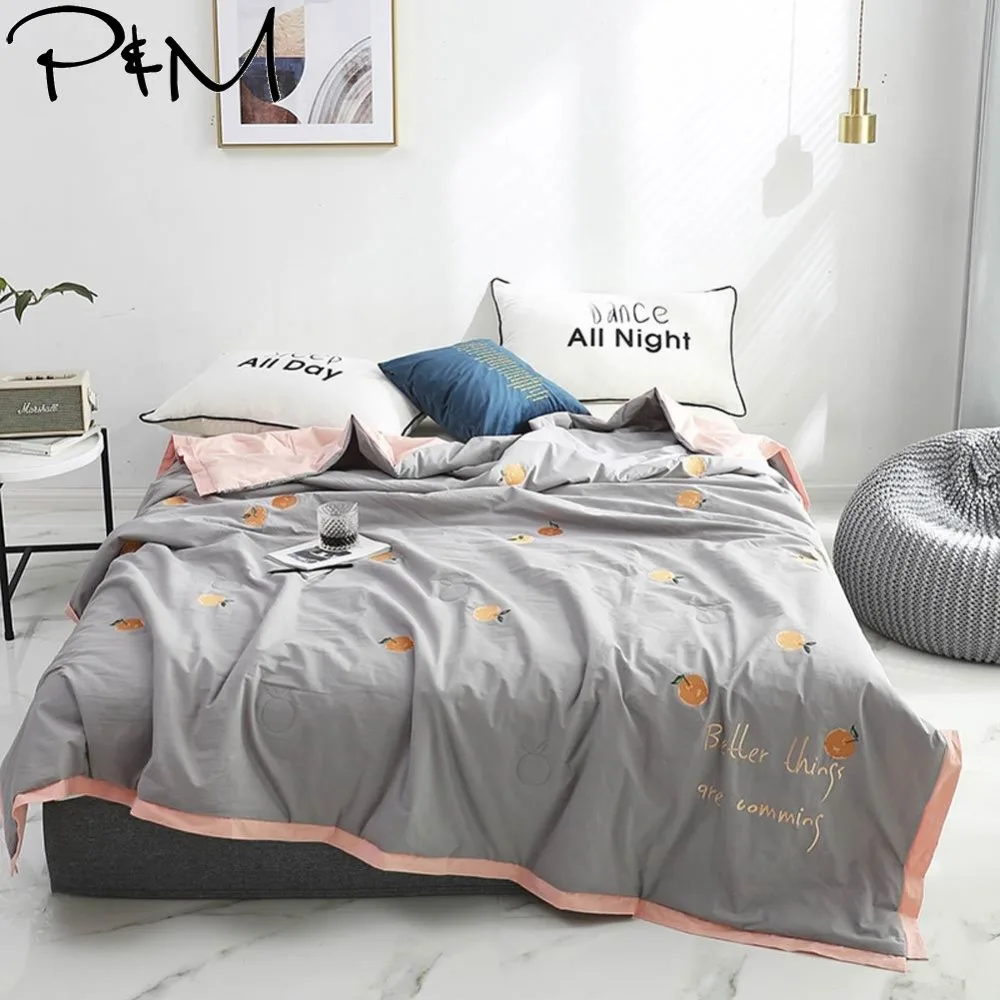 

2019 Orange Grey Simple Air-condition Thin Summer Quilt Embroidery Comforter Washed Cotton Fabric Queen Size
