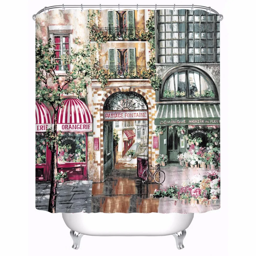 Vintage European street Cafe Fashion Bathroom Bath Curtains Waterproof Shower Curtain Size