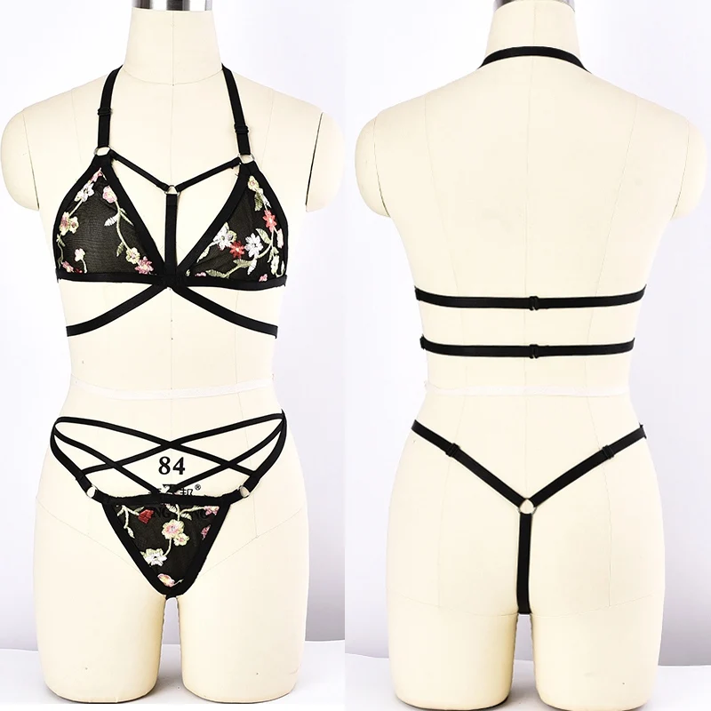 Sexy Lace Embroidery Bra Sets Bralette Lingerie Harness Women Mesh Transparent G-string Sheer Body Set | Женская одежда