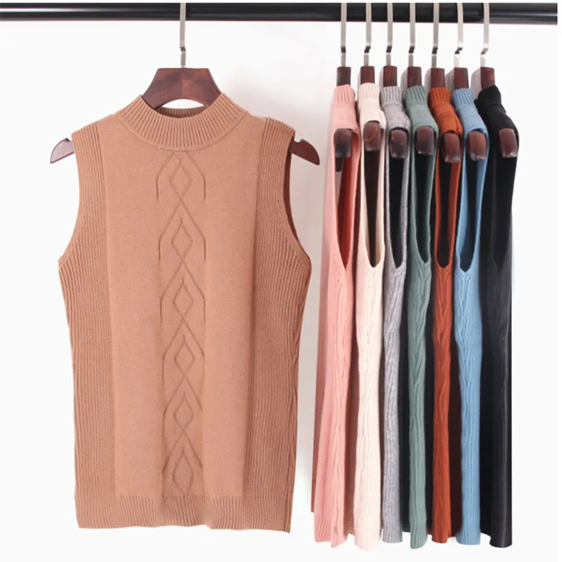 Ciel kaki rose pu Manches Sans army Rouge Beige noir corail Hiver Automne Gilets Femmes Modis Roulé Pull Mince Tricoté gris Green Col Pour De Femme Tricot Gilet En 2018 Femelle FB16qxqw