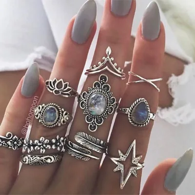 

Bohemian retro Artificial gems carving cat eye national style treasure ring 11 piece set ring