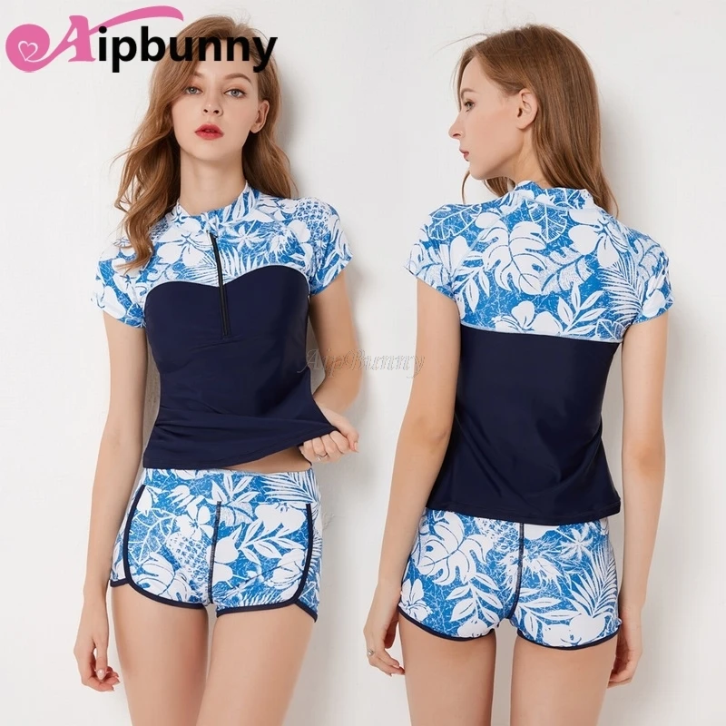 

4XL Plus Size Short Sleeve Printed Shirt &Boyshorts 2 Pcs Women's Bikini Set Swimwear Girl Beach Bath Suit Conservative Swimsuit