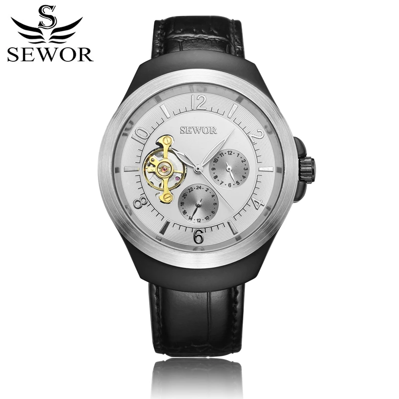 

SEWOR Original Mens Automatic Watch Automatic Self-Wind Tourbillon Mechanical Watch Black Leather Skeleton With Box SWQ52