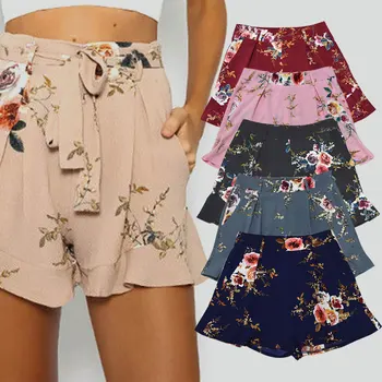 

JIMMYHANK Women Fashion Elastic High Waist Wide Leg Casual Loose Shorts Floral Print Short Trousers