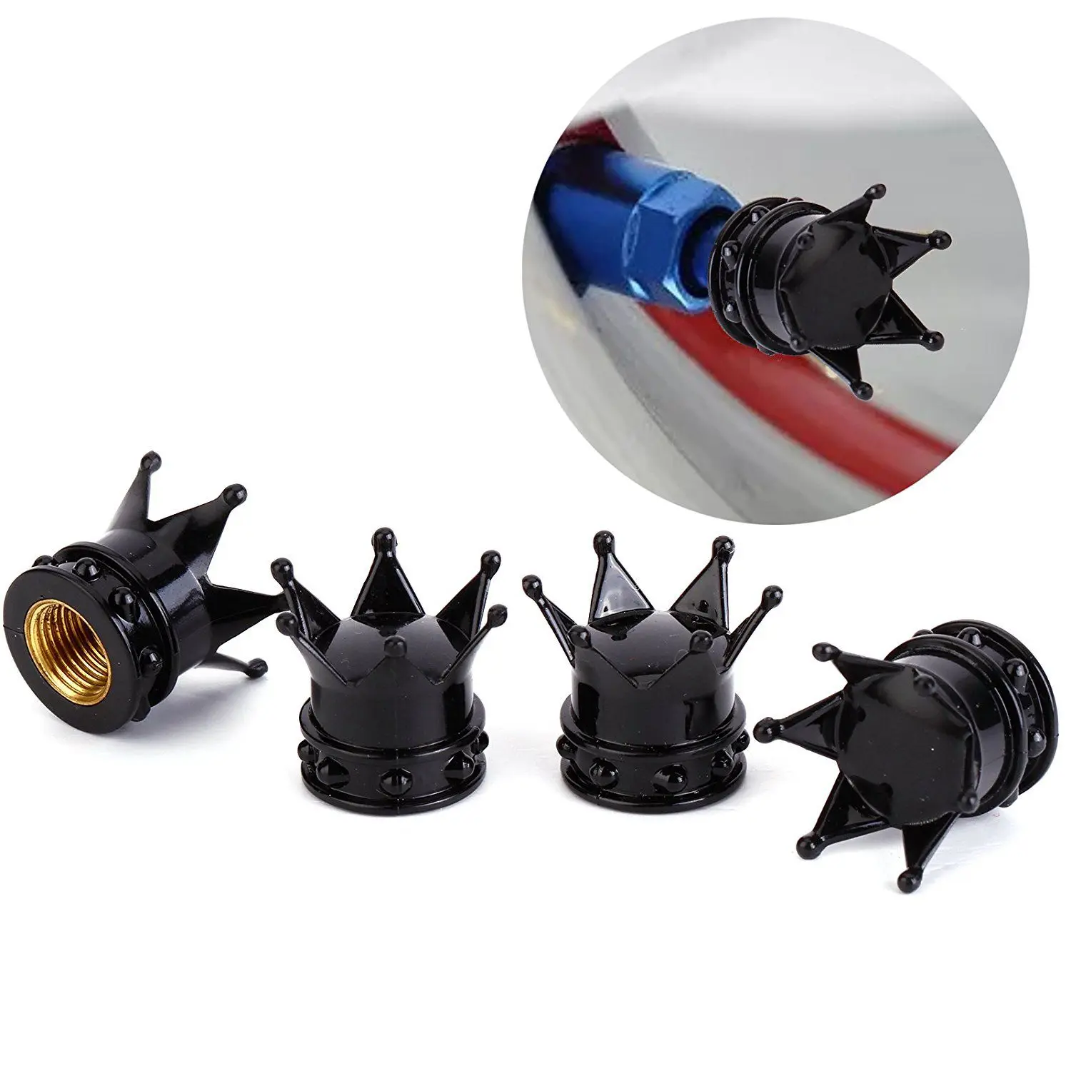 4 crown tire air valve caps black bicycle motorcycle car wheel