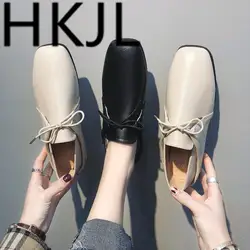 HKJL 2019 весенние кожаные туфли в Корейском стиле Джокер на шнуровке на низком каблуке в британском стиле ретро повседневные туфли для