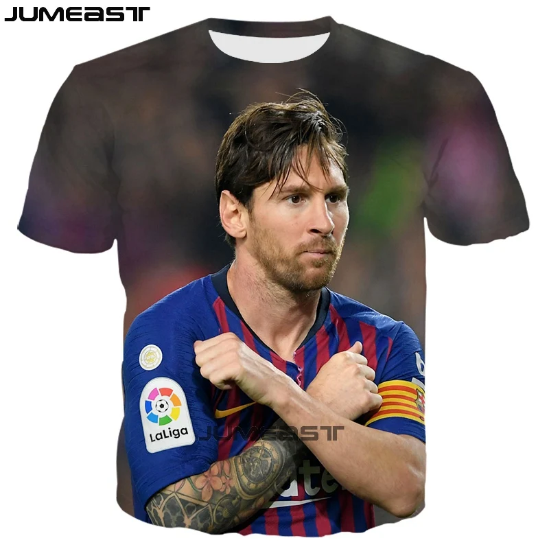 Бренд Jumeast, Мужская/женская футболка с 3D принтом, футболка с короткими рукавами с рисунком футбольной звезды Lionel Messi, спортивный пуловер, летние футболки