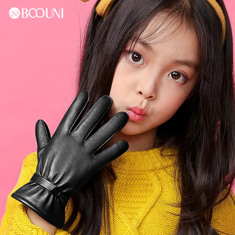 BOOUNI Genuine Leather Children Gloves Autumn Winter Warm Velvet Lined Kids Girls Sheepskin Gloves Five Fingers NW103