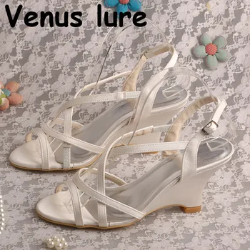 

Customized Heel and Colors Front Open Wedge Heel Sandals for Wedding Ivory Satin