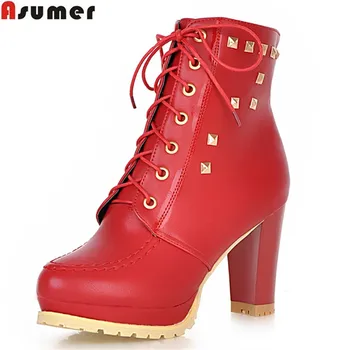 

ASUMER large size 33-43 2020 hot sale soft leather women boots thick high heels round toe platform lace up solid ankle boots