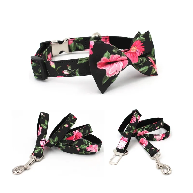 

Black floral bowtie dog collar bow with leash,Soft Padded puppy&cat pet accessories for puppy,medium,large dogs
