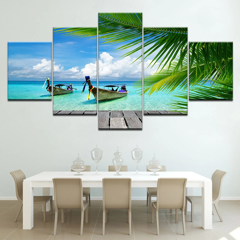 

5 Pieces Canvas Prints Beach blue palm trees Painting Wall Art Anime Home Decor Panels Poster Modular Pictures For Living Room