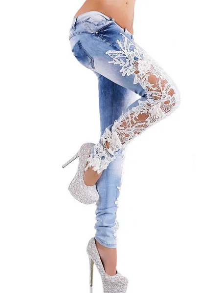 

Spring 2017 New Denim Sexy Lace Women Jeans Floral Splice Low Waist Long Pencil Denim Pants Femme Skinny Boyfriend Jeans 66831
