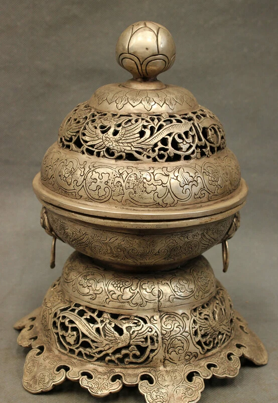 

USPS to USA S1235 11" Chinese Silver Buddhism Bird Phoenix Statue Brass Lion Box Incense Burner B0401